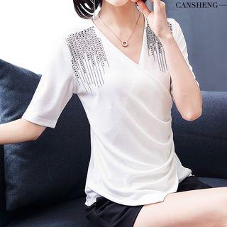 Short-sleeve Embellished Asymmetric Top