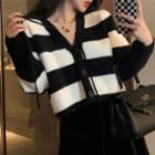 V-neck Striped Long-sleeve Cardigan Black & White - One Size