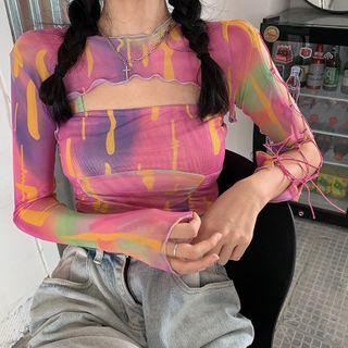 Set: Long-sleeve Patterned Cropped Top + Spaghetti Strap Top As Shown In Figure - One Size