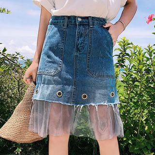 Sheer Panel Denim Skirt