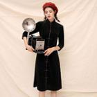Velvet Button-front 3/4 Sleeve Qipao Dress