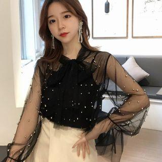 Set : Embellished Long-sleeve Top + Spaghetti Strap Top