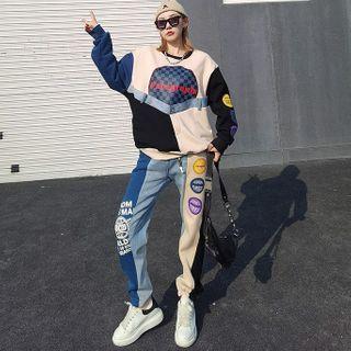 Set: Lettering Denim Panel Pullover + Sweatpants