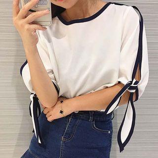 Elbow-sleeve Tie-cuff Blouse As Shown In Figure - One Size