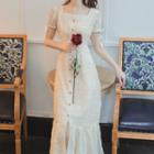 Short-sleeve Square-neck Buttoned Midi A-line Dress