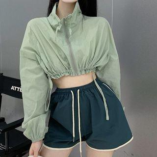 Set: Cropped Zipped Jacket + Sweatshorts Jacket - Light Green - One Size / Sweatshorts - Dark Green - One Size