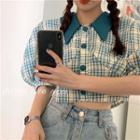Puff-sleeve Plaid Crop Blouse Blue - One Size