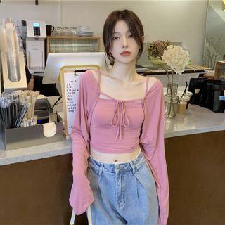Set: Cropped Camisole Top + Tie-front Cardigan