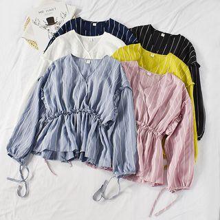 Long-sleeve Striped Frill Trim Top