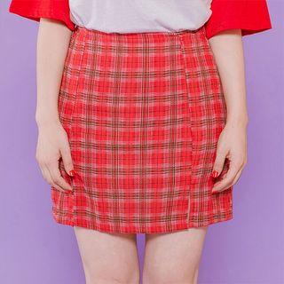 Band-waist Slit-hem Plaid Mini Skirt
