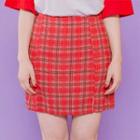 Band-waist Slit-hem Plaid Mini Skirt
