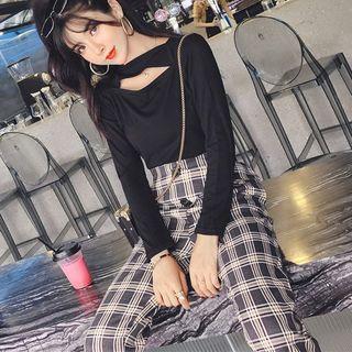 Set: Long-sleeve Open Front T-shirt + Plaid High-waist Straight Cut Pants