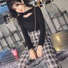 Set: Long-sleeve Open Front T-shirt + Plaid High-waist Straight Cut Pants