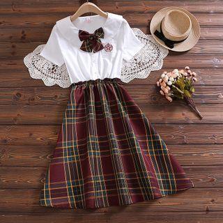 Short-sleeve Mock Two-piece Plaid Panel Midi A-line Dress