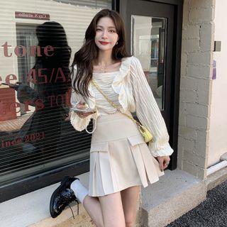 Square Neck Ruffled Blouse / Pleated Mini A-line Skirt