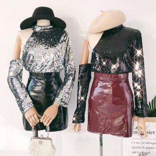 Cutout Long-sleeve Sequined Top