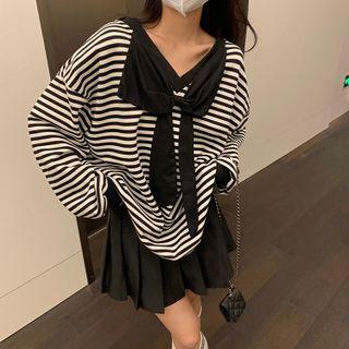 Long-sleeve Striped Open-back Bow Sweatshirt Stripe - One Size