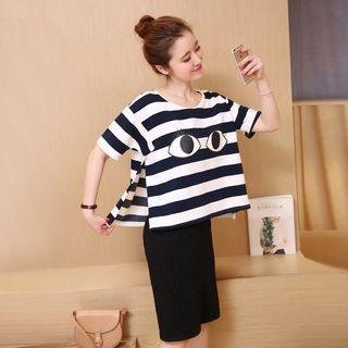 Set: Eye Print Striped Short Sleeve T-shirt + Plain Tank Dress