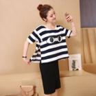 Set: Eye Print Striped Short Sleeve T-shirt + Plain Tank Dress