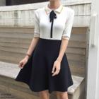 Tie-neckline Collared A-line Knit Dress