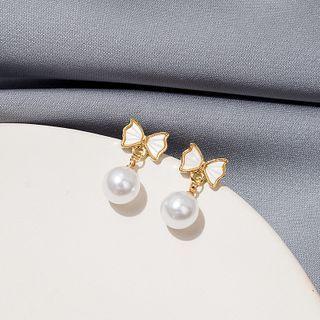 Bow Faux Pearl Drop Earring 1 Pair - E4660 - Gold & White - One Size