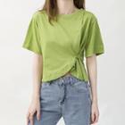 Plain Short-sleeve Asymmetric Button Cropped T-shirt