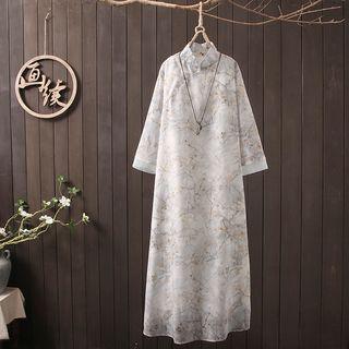 Printed Elbow-sleeve Midi Linen Dress Light Gray - One Size
