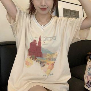 Short-sleeve V-neck Print T-shirt Almond - One Size