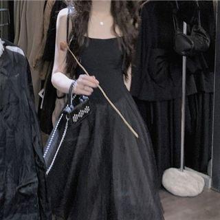 Spaghetti-strap Mesh Panel Midi A-line Dress Black - One Size