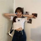 Short-sleeve Butterfly Embroidered Drawstring T-shirt