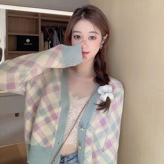 V-neck Plaid Cropped Cardigan Purple & Almond & Blue - One Size