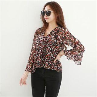 V-neck Floral Pattern Chiffon Blouse