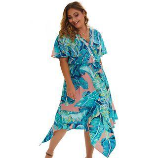 Leaf Print Short-sleeve Midi Shift Dress