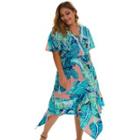 Leaf Print Short-sleeve Midi Shift Dress