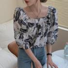 Balloon-sleeve Leaf Print Blouse White - One Size