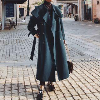 Long-sleeve Collar Plain Woolen Coat