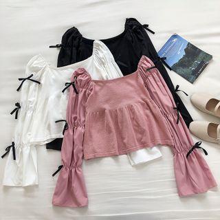 Plain Square-neck Lace-up Long-sleeve Top