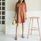 3/4-sleeve Notched-neckline Shift Dress
