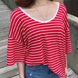 Scoop-neck Deep-slit Stripe T-shirt