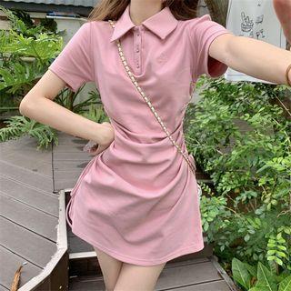 Short-sleeve Polo Neck Drawstring Mini A-line Dress