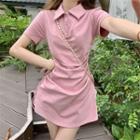 Short-sleeve Polo Neck Drawstring Mini A-line Dress