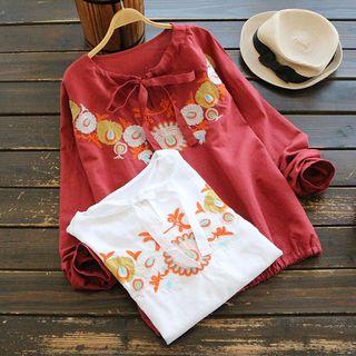 Long-sleeve Bow-accent Embroidery Blouse