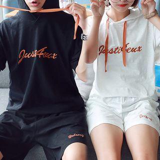 Set: Lettering Couple Matching Hooded T-shirt + Shorts