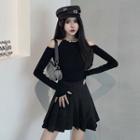 Chain-neck Cold-shoulder Slim-fit Top Black - One Size