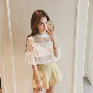Elbow-sleeve Mesh Paneled Chiffon Blouse