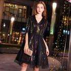 Slit-sleeve Sequin A-line Cocktail Dress