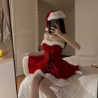 Set: Spaghetti Strap Fluffy Trim A-line Dress + Christmas Hat