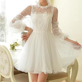 Long-sleeve Lace Panel Mesh Cocktail Dress