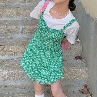 Short-sleeve Plain T-shirt / Floral Overall Dress