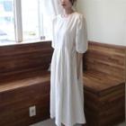 Puff Sleeve Plain Pleated Dress White - One Size